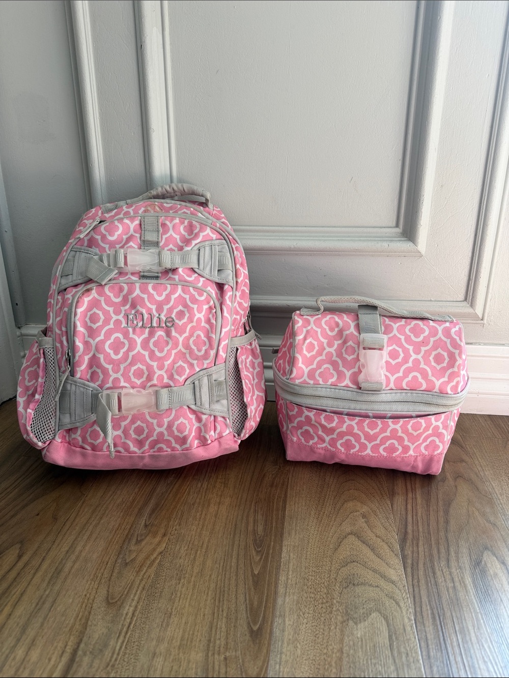 Pottery Barn Kids Pink and Gray Patterned Backpack with Matching Lunch Box